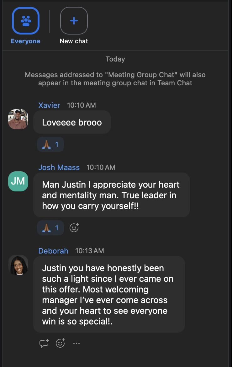 Unprompted team chat messages thanking Justin after a training